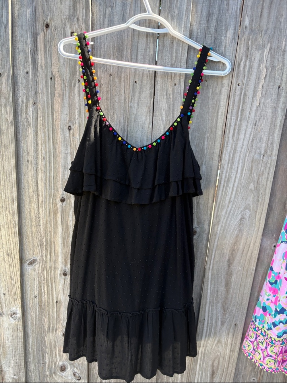 Honeydew sundress or cover up. Black Ruffle Dress with Multicolor Pom  Trimmed